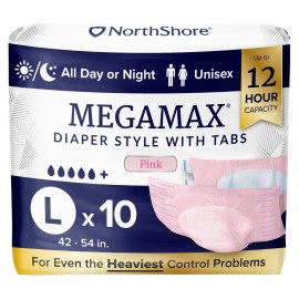NorthShore MegaMax Adult Overnight Diapers, 12-Hour Tab-Style, Large, 10 Count Bag, Pink, 42-54 inches, Unisex Incontinence Underwear