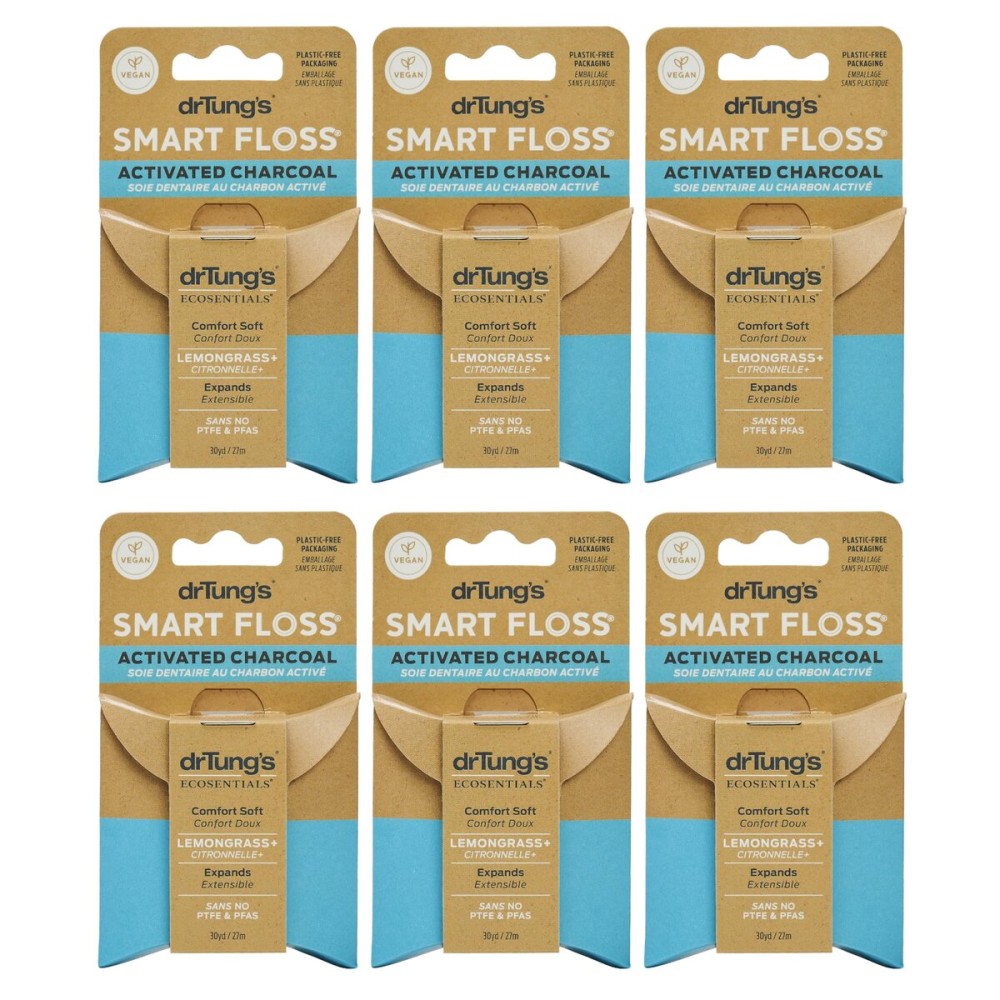 DrTung\'s Vegan Activated Charcoal Floss - Natural Floss, PTFE & PFAS Free, Gentle on Gums, Expands & Stretches, BPA Free- Natural Dental Floss Lemongrass Flavor (Pack of 6)