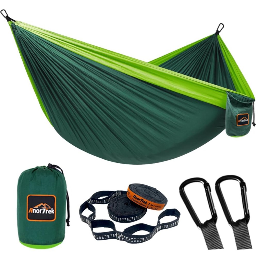 AnorTrek Camping Hammock, Super Lightweight Portable Parachute Hammock with Two Tree Straps Single or Double Nylon Travel Tree Hammocks for Camping Backpacking Hiking Dark Green&Green