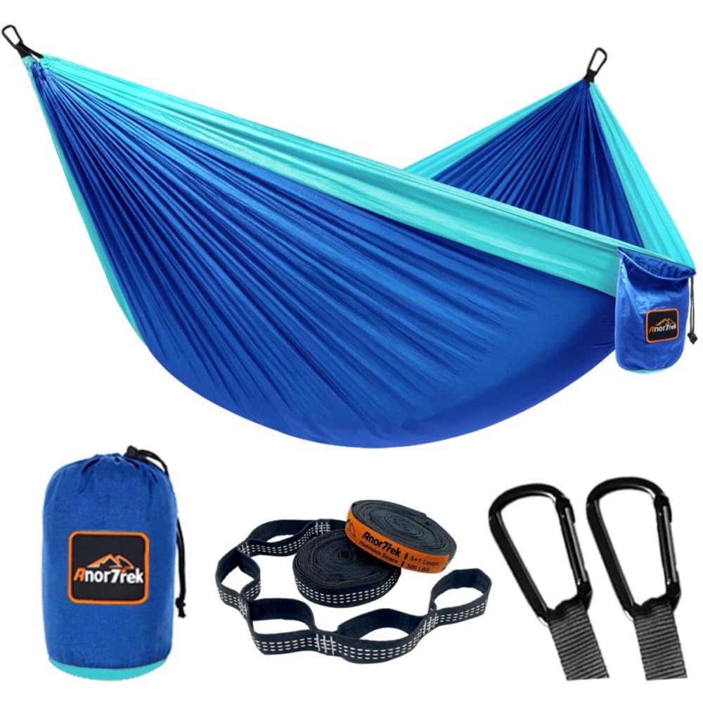 AnorTrek Camping Hammock, Super Lightweight Portable Parachute Hammock with Two Tree Straps Single or Double Nylon Travel Tree Hammocks for Camping Backpacking Hiking Blue&Sky Blue