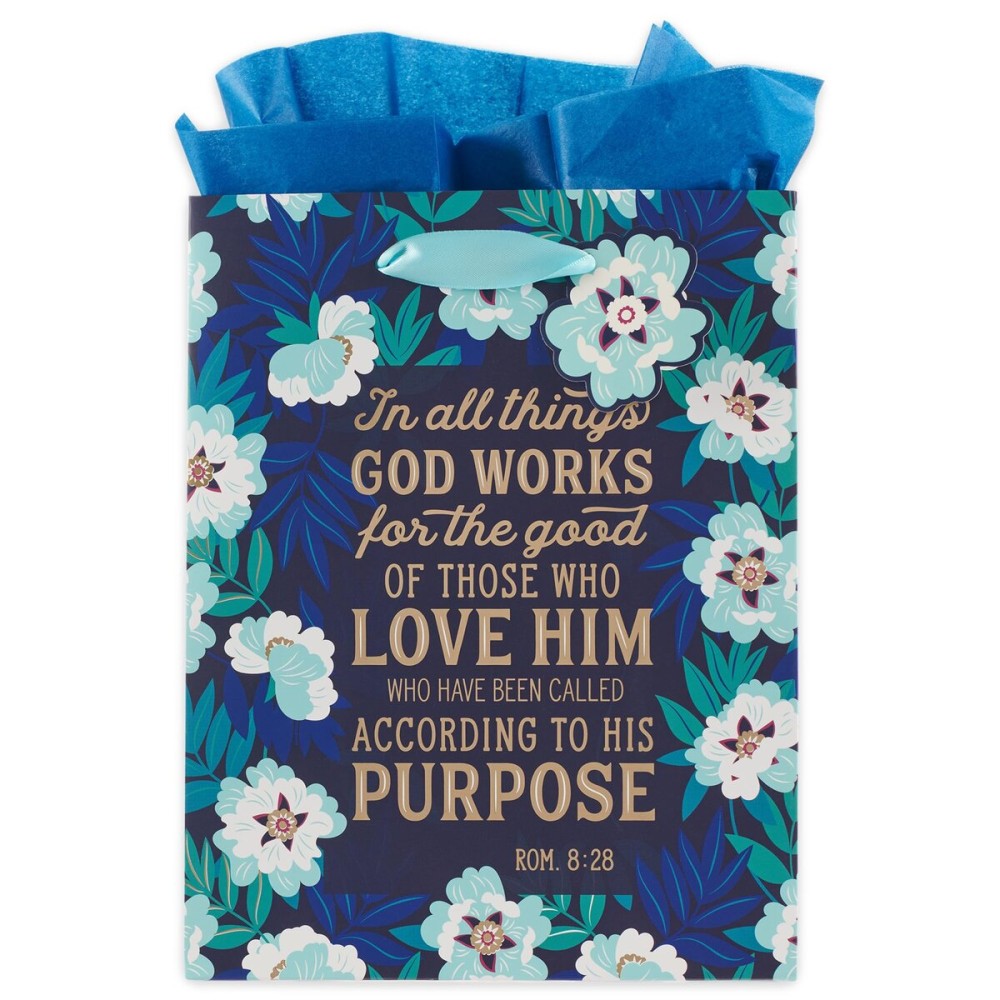 Christian Art Gifts Gift Bag/Tissue Paper Set In All Things God Works For Good Romans 8:28 Bible Verse, Blue/Teal, Medium