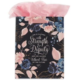 Christian Art Gifts Gift Bag/Tissue Paper Set She Is Clothed With Strength Proverbs 31:25 Bible Verse, Blue/Pink Rose, Medium
