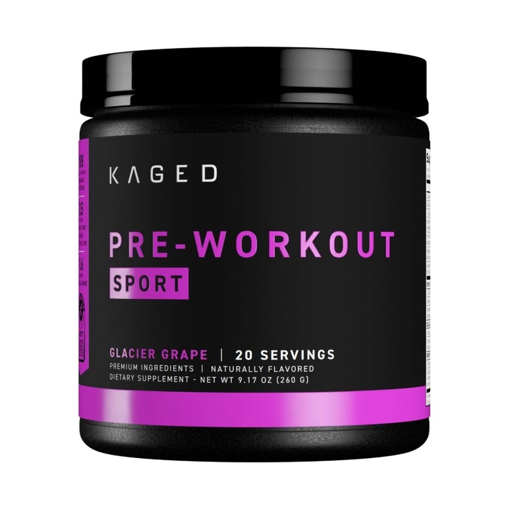 Kaged Sport Pre Workout Powder for Men & Women, Glacier Grape, Sport Certified, 188mg Caffeine, Nitric Oxide Supplement, Beta Alanine for Energy, Weightlifting, Cardio Endurance, Strength, 20 Servings