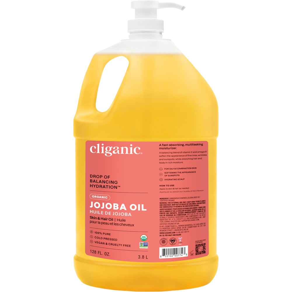 Cliganic Organic Jojoba Oil 128oz with Pump (Gallon Size), Bulk, 100% Pure - Non-GMO