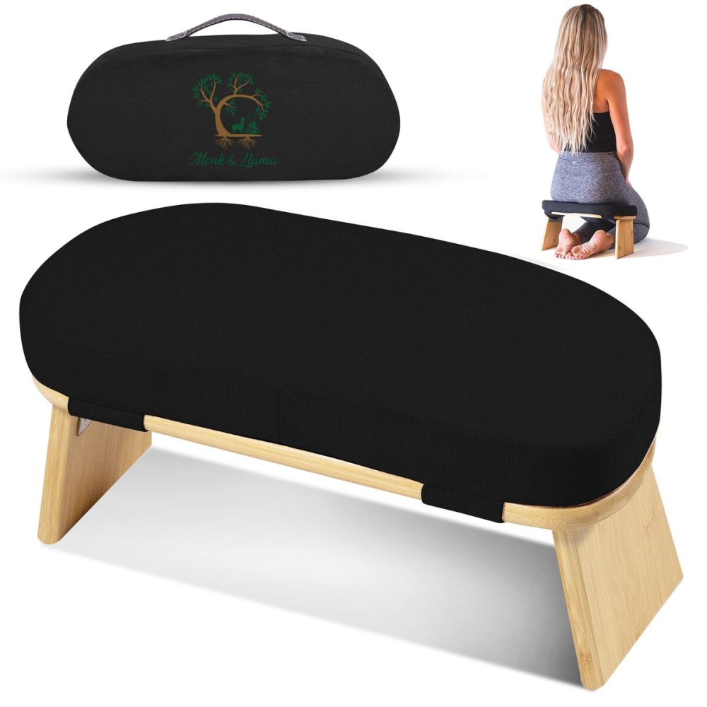 MONK & LLAMA Meditation Bench - Kneeling Bamboo Bench with Foldable Legs & Cushion - Perfect Kneeling Stool Ergonomic Bamboo Yoga Bench for Extended Practice - Includes Carrying Bag (Black)