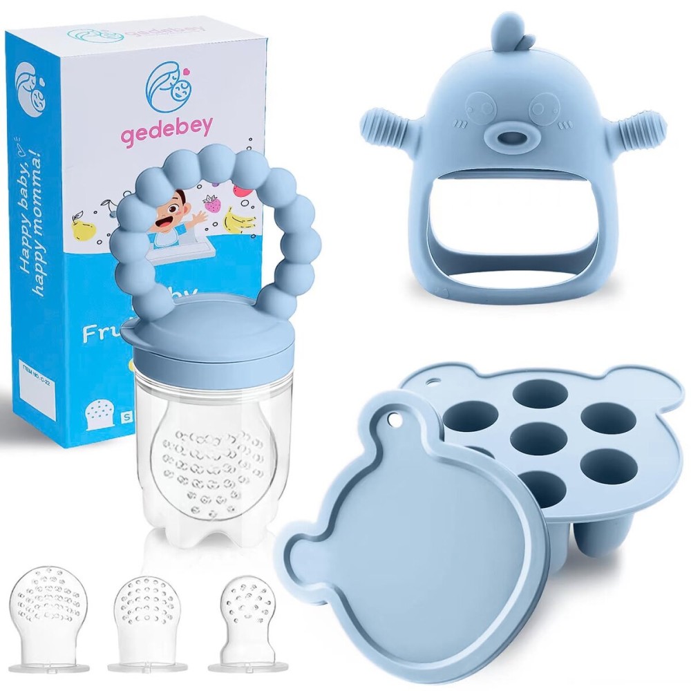 Baby Fruit Feeder & Breastmilk Popsicle Molds - 3-Pack Set with Freezer Tray, Teether, Silicone Pacifier, and 3 Extra Mesh Sizes (Sky Blue)
