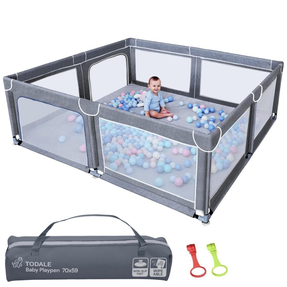Todale Baby Play Yard - 70 x 59 in, Grey - Extra Large Mesh Playpen for Babies & Toddlers - Tear-Resistant Oxford Fabric & Suction Cup Feet - Breathable Zipper Gate & 360 Visibility