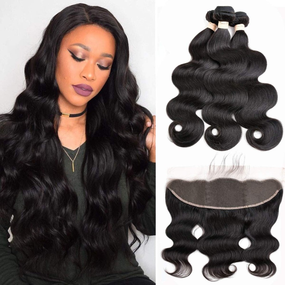 Beauhair Body Wave Bundles with Frontal Human Hair 3 Bundles with Lace Frontal 8A (26 26 26+20, Natural Black) Brazilian Body Wave Hair Virgin Hair Ear to Ear 13x4 Frontal with Bundles