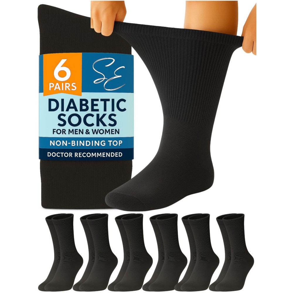 Special Essentials Diabetic Socks for Men & Women - 6 Pairs of Non-Binding Extra Wide Top Cotton Neuropathy Socks - Crew Length, Black, 10-13