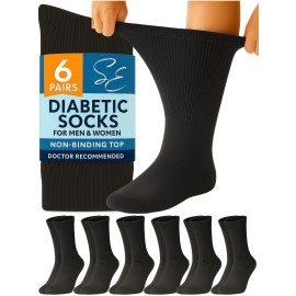 Special Essentials Diabetic Socks for Men & Women - 6 Pairs of Non-Binding Extra Wide Top Cotton Neuropathy Socks - Crew Length, Black, 10-13
