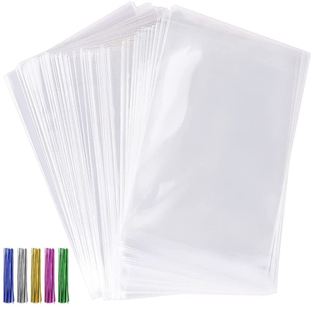 Tecbeauty 600pcs Cellophane Bags Kit-300pcs 3x4 inch Clear Cellophane Treat Bags Cello Cookie Bag, 300pcs Colors Ties for Wedding Birthday Party Favor Gift Packing