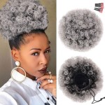 rosmile Afro Puff Drawstring Ponytail Extension for Black Women, Premium Ombre Gray 1BT0906 80 Gram Short Synthetic Afro Puff Ponytail for Natural Hair, Clip On Kinky Drawstring Curly Ponytail Bun