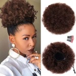 rosmile Afro Puff Drawstring Ponytail Extension for Black Women, Premium Deep Brown 33 80 Gram Short Synthetic Afro Puff Ponytail for Natural Hair, Clip On Kinky Drawstring Curly Ponytail Bun
