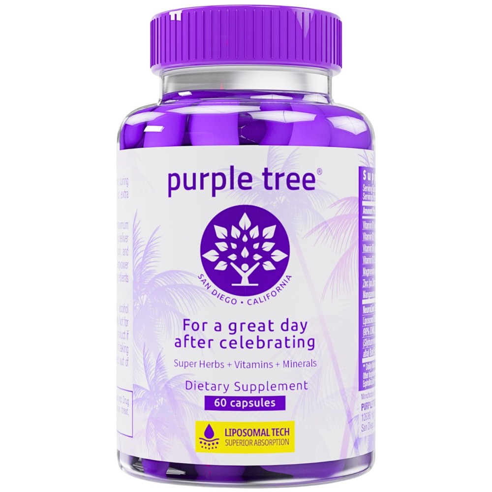 purple tree Post-Celebration Wellness Supplement | Liposomal Dihydromyricetin (DHM), L-Glutathione, Milk Thistle for Liver Support & Hydration | Electrolytes, B Vitamins, Willow Bark | 60 Capsules