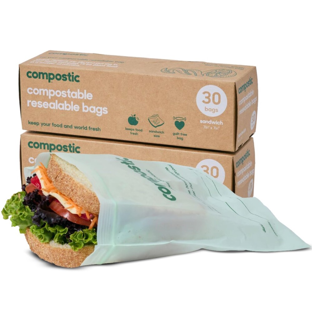 Compostic Home Compostable Resealable Sandwich Bags (7x7), Microwave & Freezer Safe, Organic Food Storage Container, 60 Count