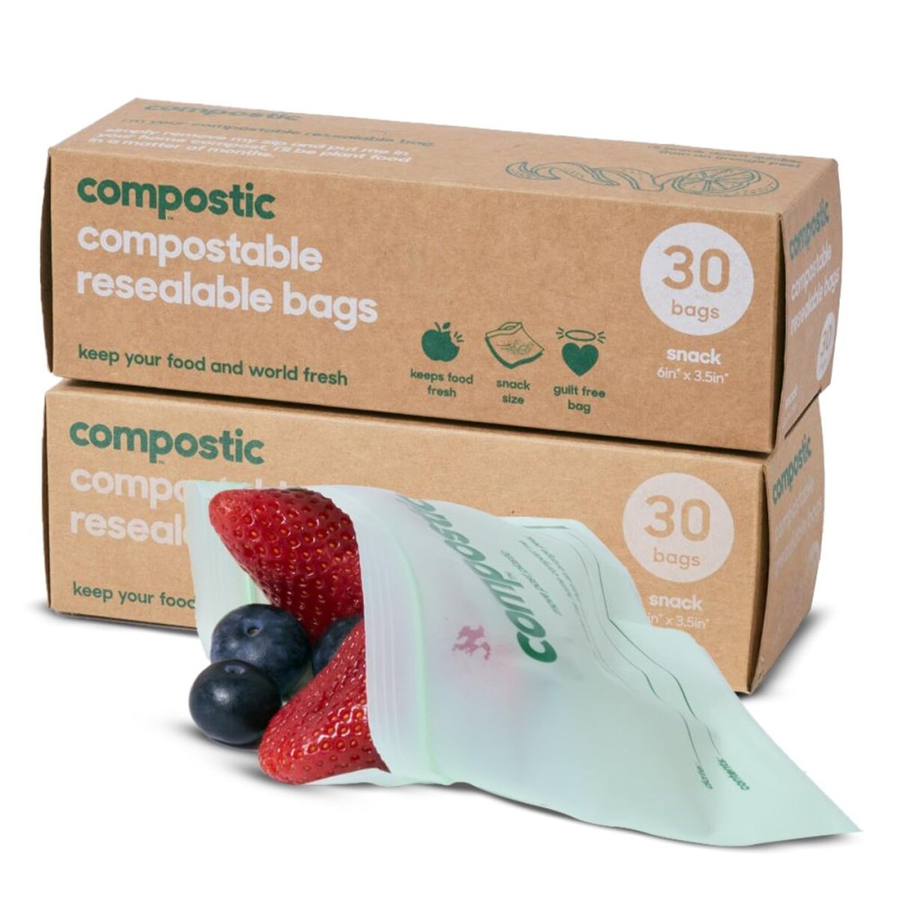 Compostic Home Compostable Resealable Snack Bags (6x 3.5), Microwave & Freezer Safe, Organic Food Storage Container, 60 Count
