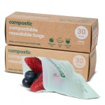 Compostic Home Compostable Resealable Snack Bags (6x 3.5), Microwave & Freezer Safe, Organic Food Storage Container, 60 Count