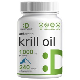 DEAL SUPPLEMENT Antarctic Krill Oil, 1,000mg Per Serving, 240 Softgels - Mercury Free, No Fishy Taste - Rich in Omega-3s, EPA, DHA, Astaxanthin, & Phospholipids - Non-GMO, No Gluten