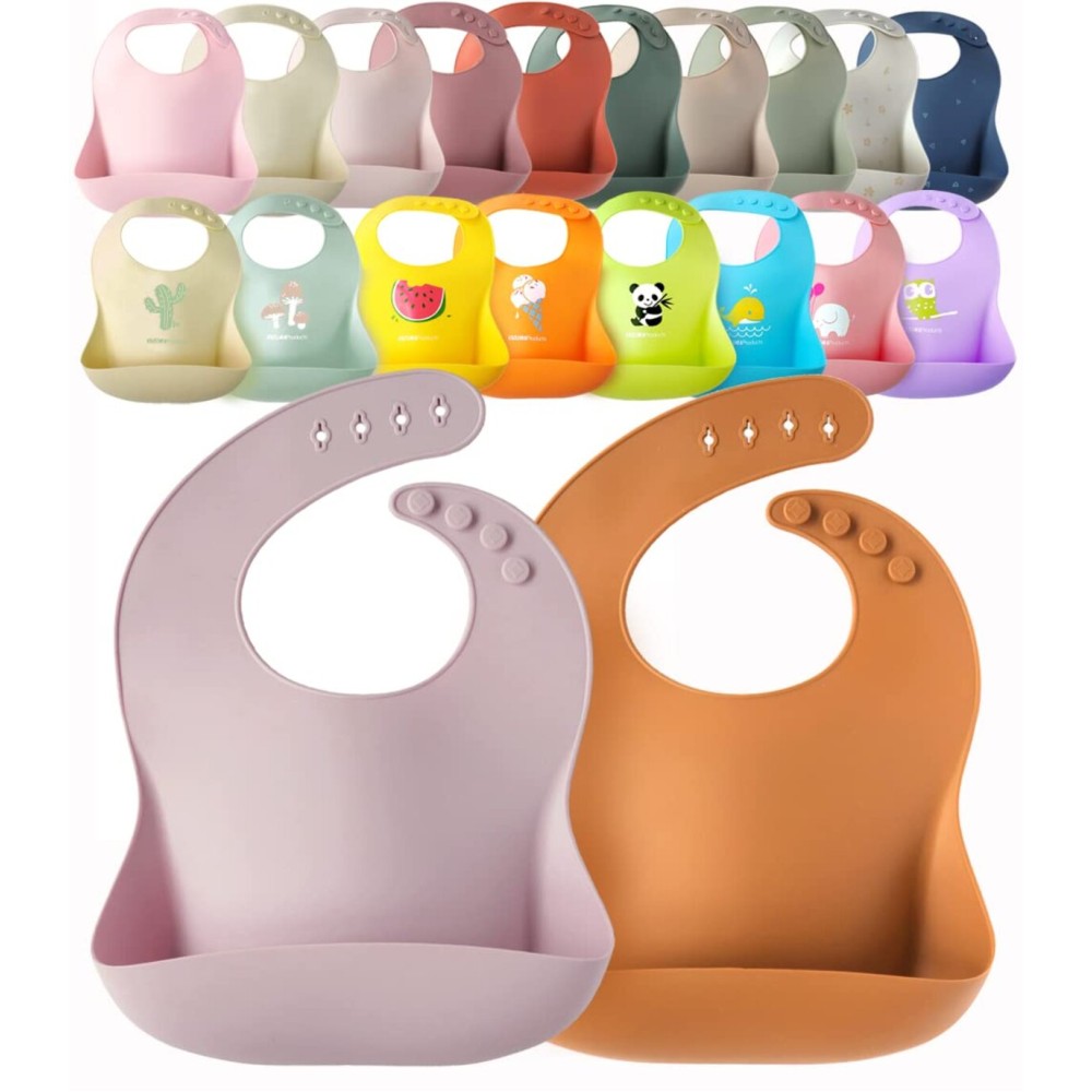 YMCF Products 2-Pack Waterproof Silicone Baby Bib Lightweight Comfortable Easy-Wipe Clean (Cloud/Marigold, Large)