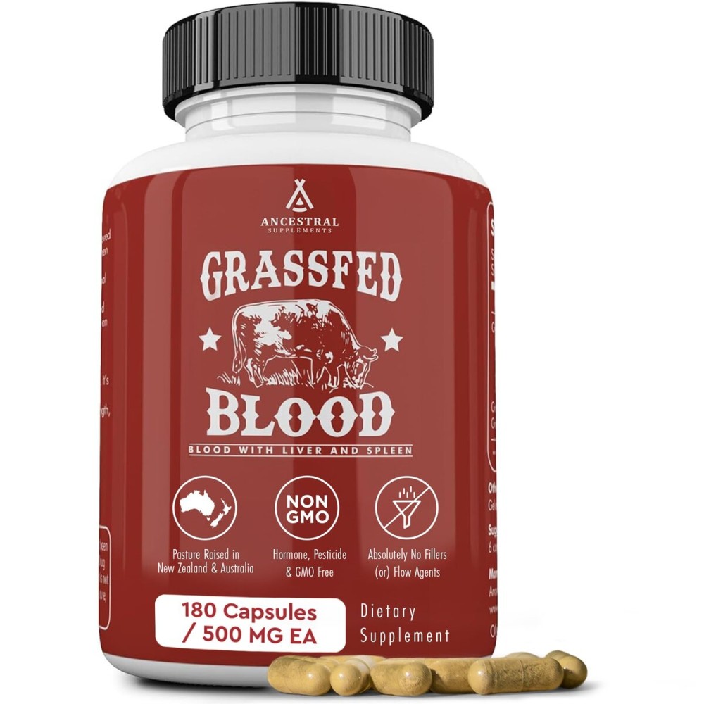Ancestral Supplements Grass Fed Blood is Blood, Liver & Spleen Formula, 500mg, Grass Fed Beef Supplement, Red & White Blood Cell Formation, Immune and Heart Health Support, Non GMO, 180 Capsules