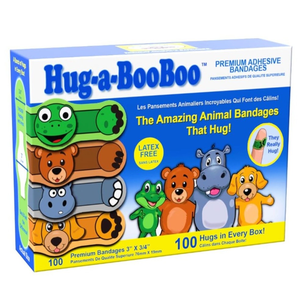 Super Fun Kids Bandages by Hug-a-BooBoo! The Amazing Animal Bandages That Hug! Childrens Favorite Stuffed Animal Designs - Hippo, Puppy, Teddy Bear & Frog! Family Bulk Pack Assortment -100ct Box