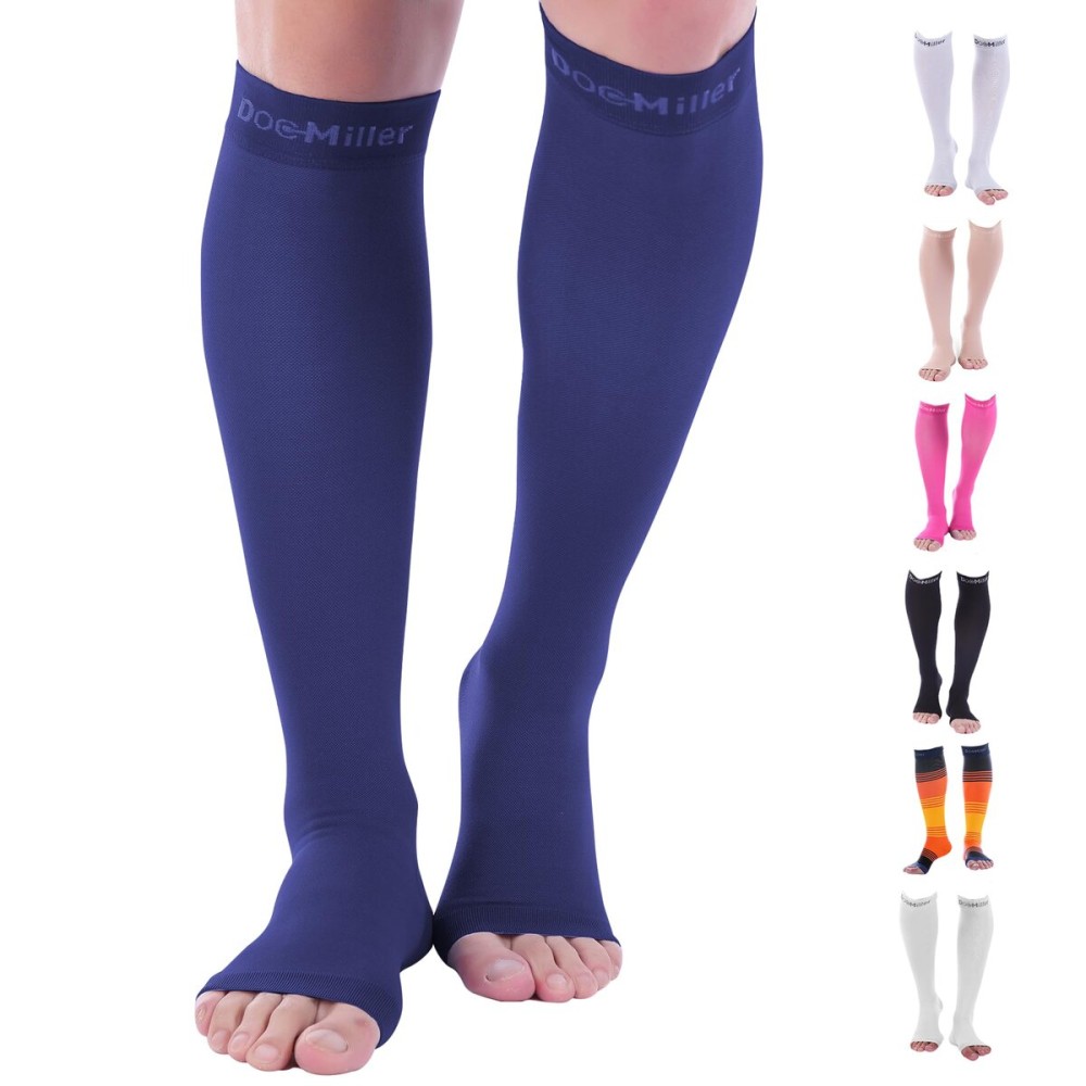Doc Miller, Open Toe Compression Socks, 8-15 mmHg, Toeless, Support Circulation, Shin Splints, Calf Recovery, Varicose, Knee High, Medical Grade, Dark Blue Socks, Medium Size for Men & Women, Pair