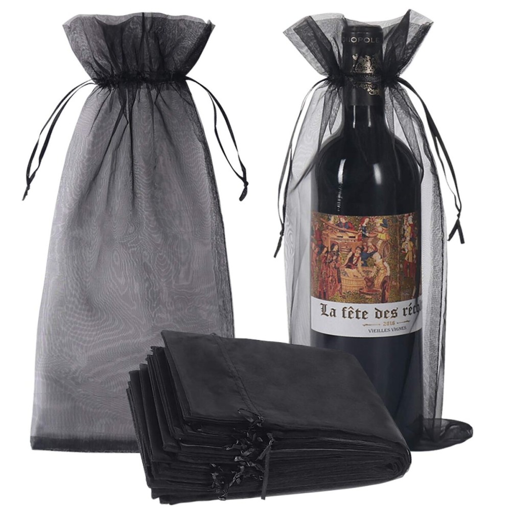 HRX Package 30pcs Black Organza Wine Bags, Sheer Mesh Bottle Gift Pouches Wine Covers Dresses with Drawstring for Halloween