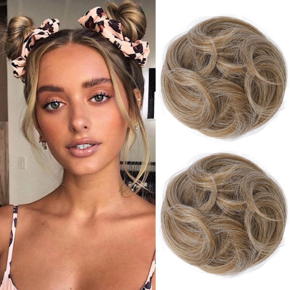 REECHO Space Bun Hair Pieces, 2 PCS Mini Claw Clip in Messy & Cat Ears Fake Hair Bun Extensions HB001 Wig Accessory Updo Hairpieces for Women Girls (Pack of 2-3.5 Wavy, Dark Blonde)