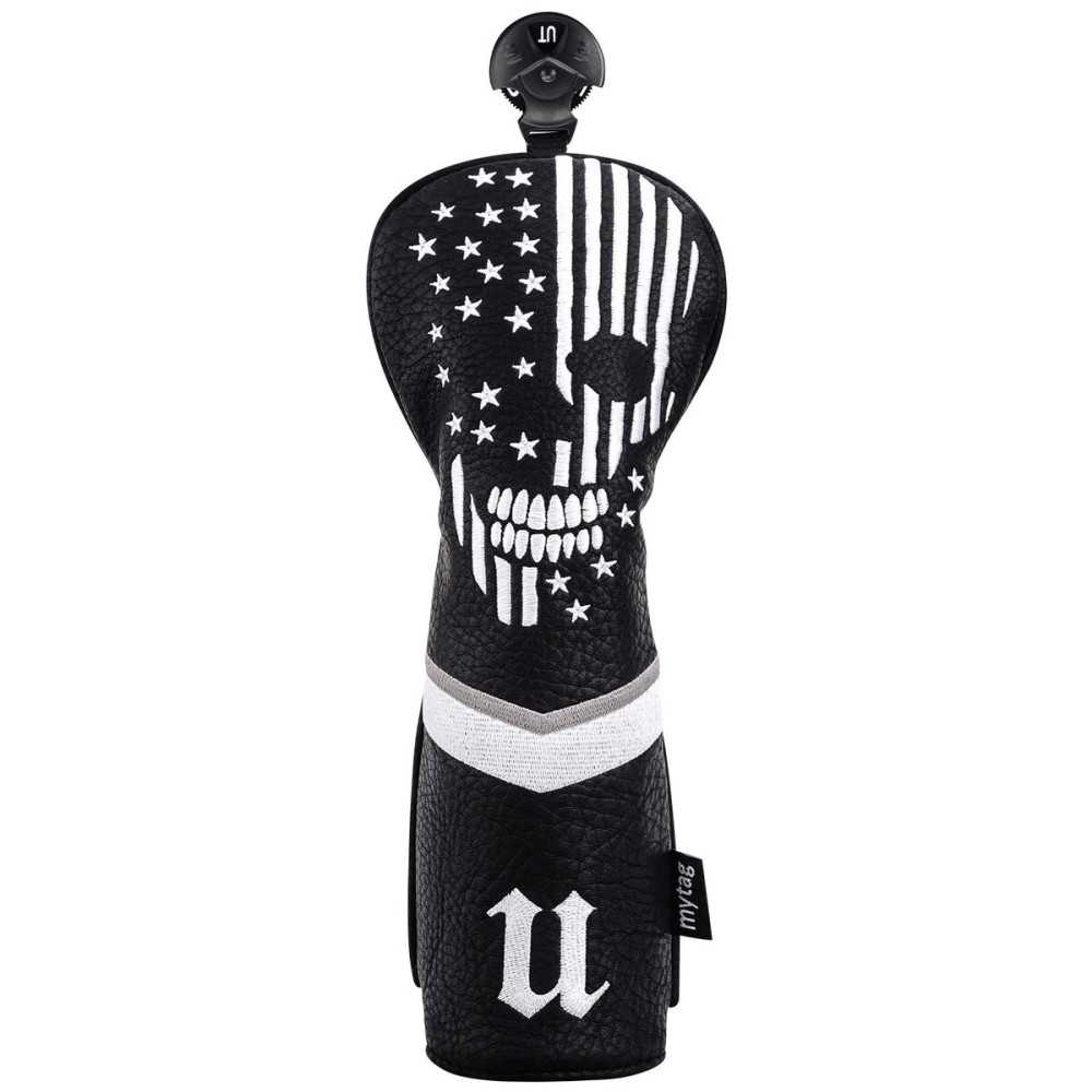 caiobob mytag Golf Skull Skeleton Head Cover Golf Club Black Leather Headcovers Set Fits Driver Fairway Wood Hybrid (1pc Hybrid Cover)