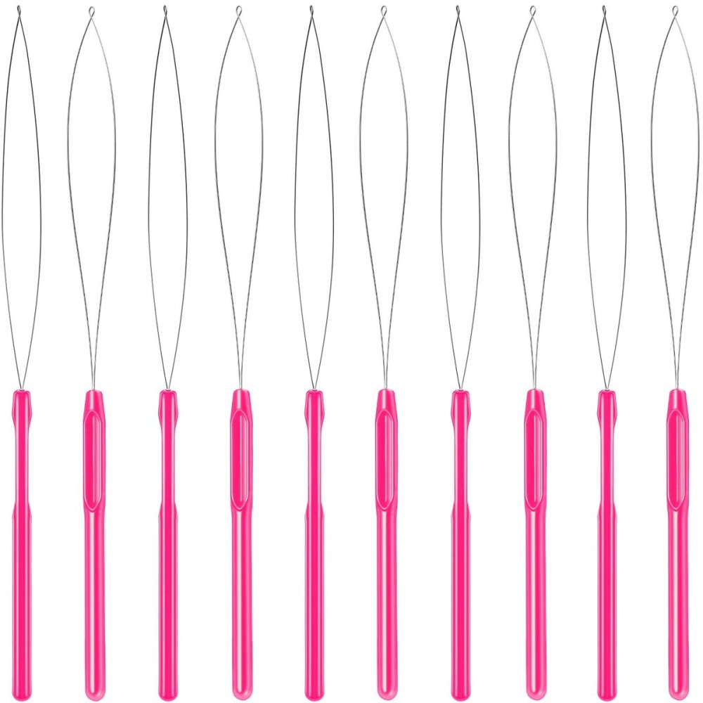 10 Pieces Hair Extension Loop Needle Threader Pulling Hook Tool and Bead Device Tool Loop Threader for Hair or Feather Extensions (Rose Red)