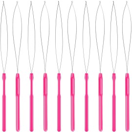 10 Pieces Hair Extension Loop Needle Threader Pulling Hook Tool and Bead Device Tool Loop Threader for Hair or Feather Extensions (Rose Red)