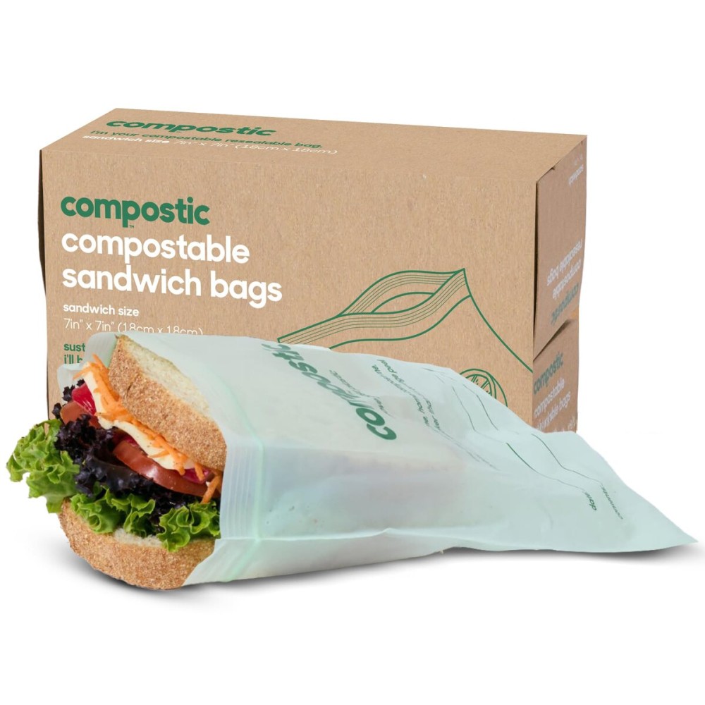 Compostic Home Compostable Resealable Sandwich Bags (7x7), Microwave & Freezer Safe, Organic Food Storage Container, 100 Count