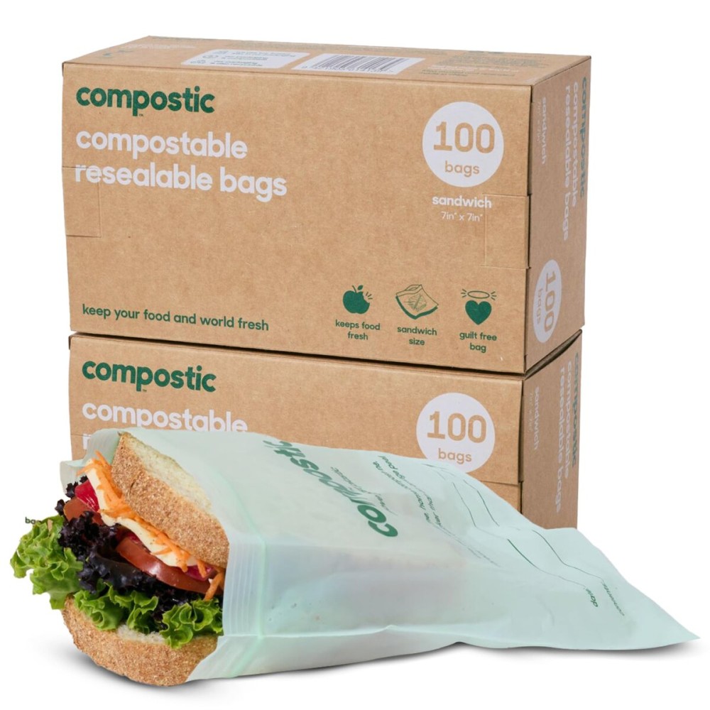 Compostic Home Compostable Resealable Sandwich Bags (7x7), Microwave & Freezer Safe, Organic Food Storage Container, 200 Count