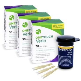 OneTouch Verio Test Strips for Diabetes Value Pack - 90 Count - for Blood Sugar Monitor - Home Self Glucose Testing - 3 Boxes, 30 Strips Per Pack