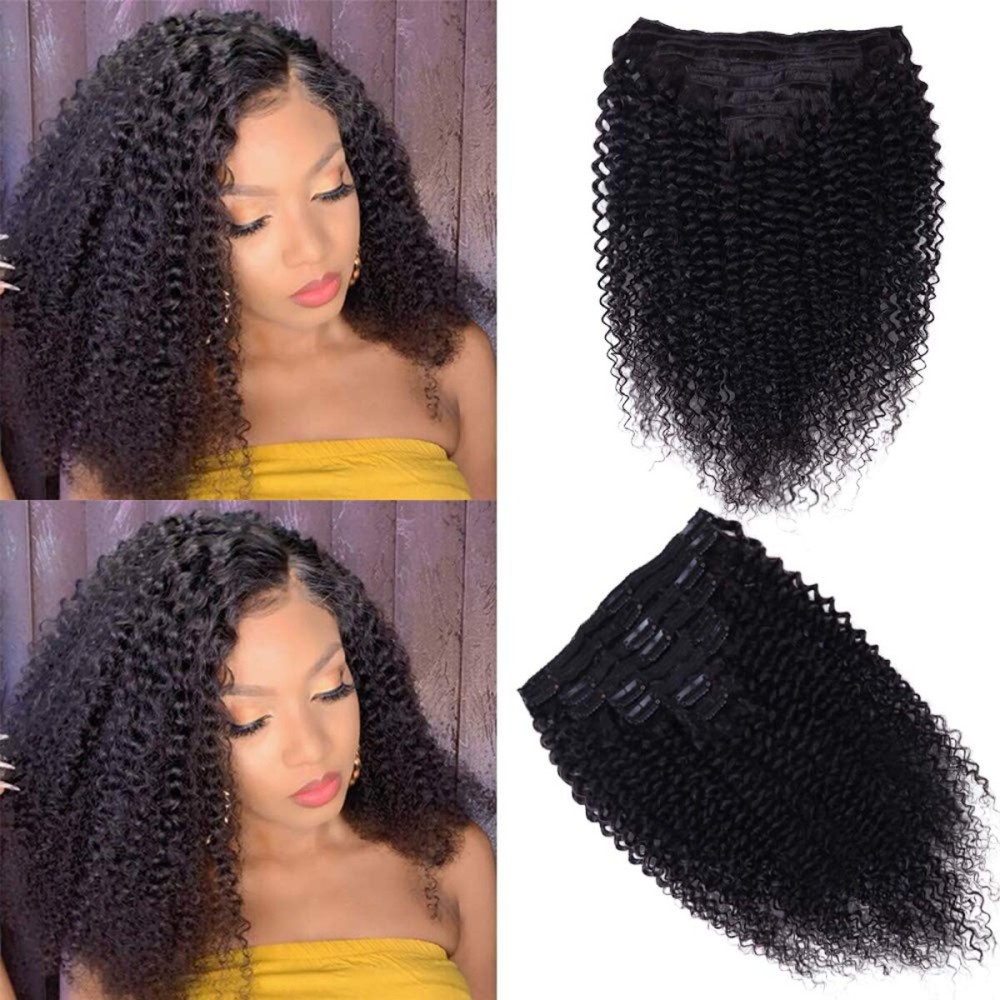 Curly Clip In Extension Human Hair 3C 4A Kinky Curly Clip Ins Full Head for Black Women Brazilian Remy Human Hair Natural Color 8Pcs with18clips 120g/Set (16 inch, curly wave)