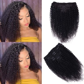 Curly Clip In Extension Human Hair 3C 4A Kinky Curly Clip Ins Full Head for Black Women Brazilian Remy Human Hair Natural Color 8Pcs with18clips 120g/Set (16 inch, curly wave)