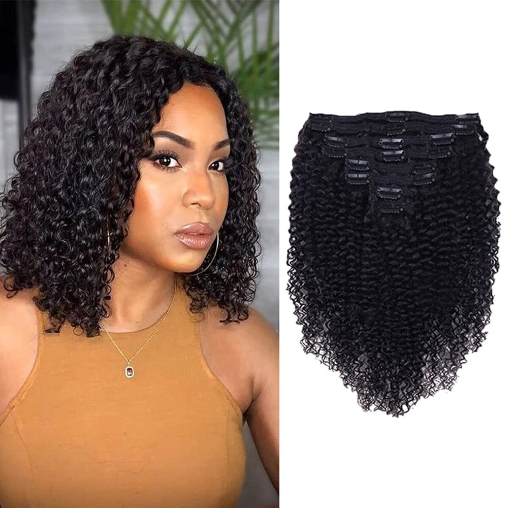 Curly Clip In Extension Human Hair 3C 4A Kinky Curly Clip Ins Full Head for Black Women Brazilian Remy Human Hair Natural Color 8Pcs with18clips 120g/Set (14 inch, curly wave)