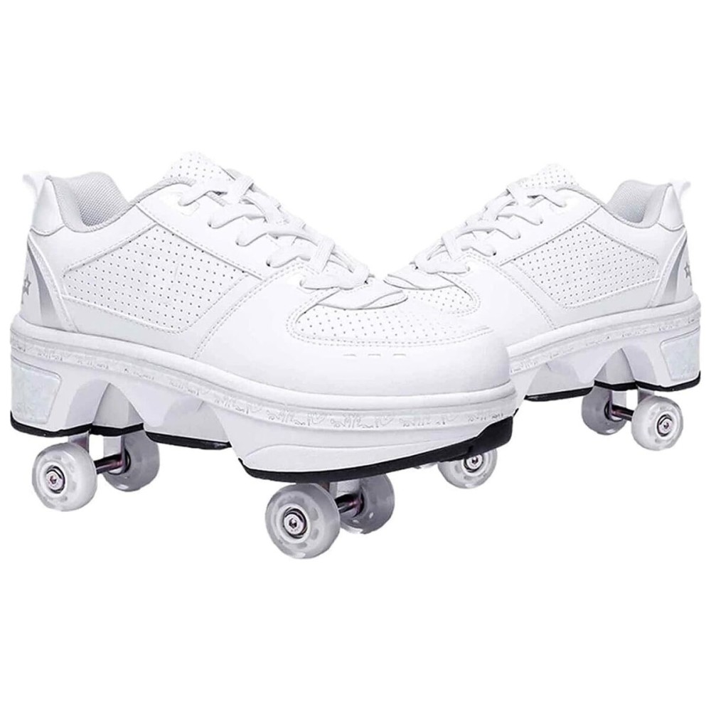 Double-Row Deform Wheel Automatic Walking Shoes Invisible Deformation Roller Skate 2 in 1 Removable Pulley Skates Skating Parkour (Low Waist Silver, US 5.5)