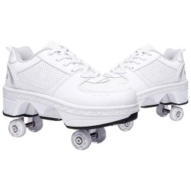 Double-Row Deform Wheel Automatic Walking Shoes Invisible Deformation Roller Skate 2 in 1 Removable Pulley Skates Skating Parkour (Low Waist Silver, US 5.5)