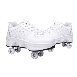 Double-Row Deform Wheel Automatic Walking Shoes Invisible Deformation Roller Skate 2 in 1 Removable Pulley Skates Skating Parkour (Low Waist Silver, US 9.5)