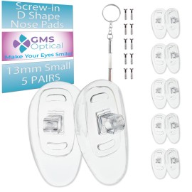 GMS Optical 13mm Medium Length/6mm Wide - D Shape Screw in Soft Silicone - Eyeglass Repair Kit with Screws and Screw Driver, Silicone Eyeglass Nose Pads, Anti-Slip Nose Pads for Glasses, (5 Pair)