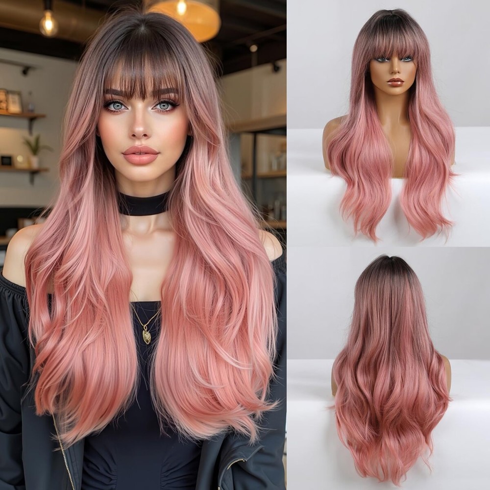 Esmee 24 Women Synthetic Wigs Natural Long Wavy Ombre Pink with Dark RootsFluffy Air Bangs Light Cosplay Party Wigs