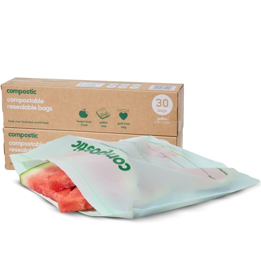 Compostic Home Compostable Resealable Gallon Bags (10.5x10.5), Microwave & Freezer Safe, Organic Food Storage Container, 60 Count