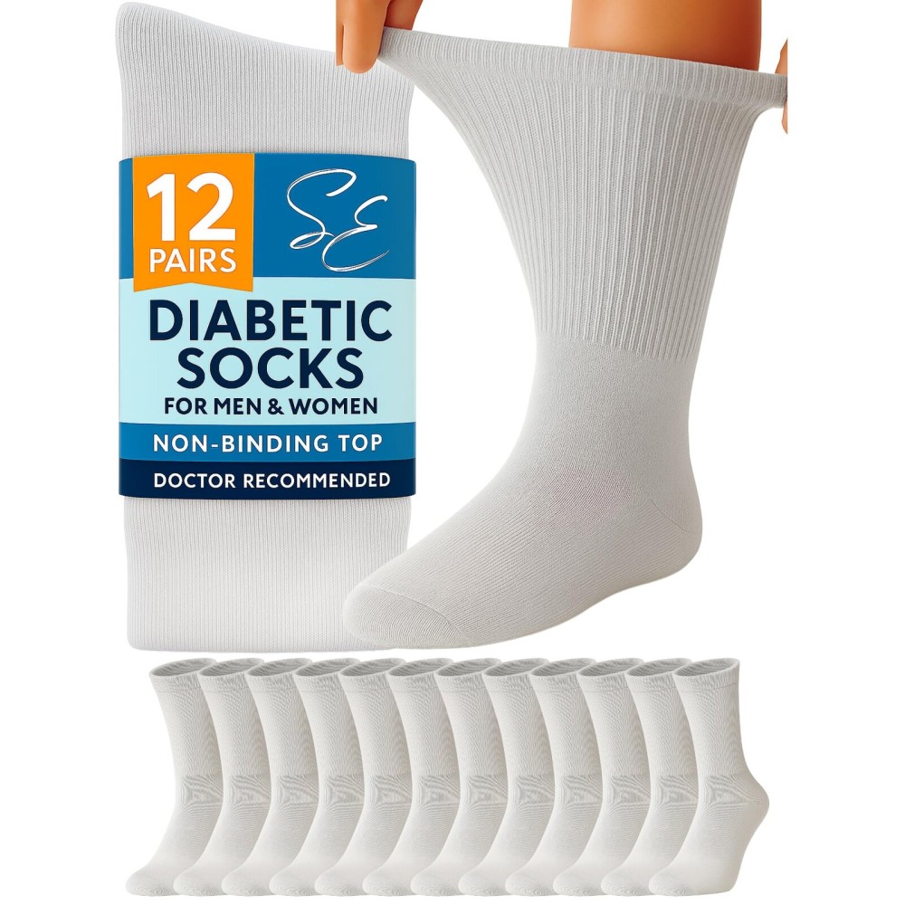 Special Essentials Diabetic Socks for Men & Women - 12 Pairs of Non-Binding Extra Wide Top Cotton Neuropathy Socks - Crew Length, Gray, 9-11