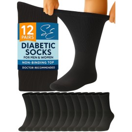 Special Essentials Diabetic Socks for Men & Women - 12 Pairs of Non-Binding Extra Wide Top Cotton Neuropathy Socks - Crew Length, Black, 9-11