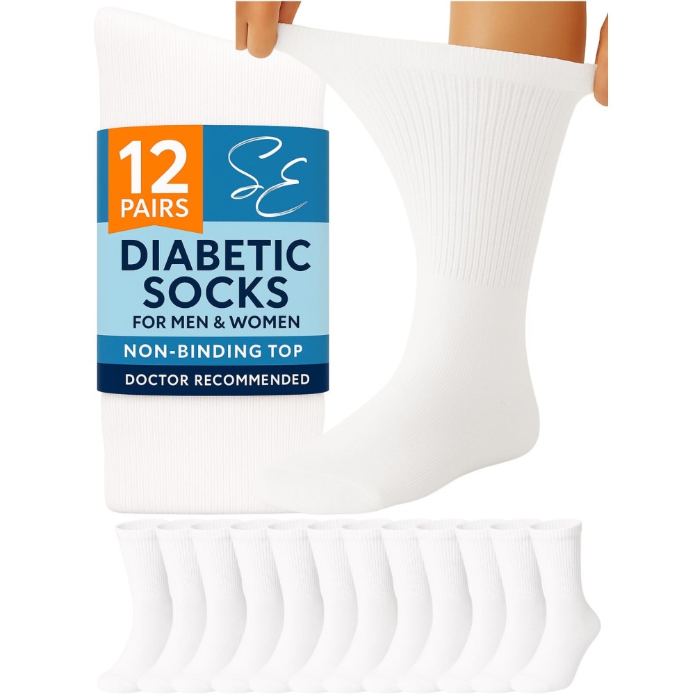 Special Essentials Diabetic Socks for Men & Women - 12 Pairs of Non-Binding Extra Wide Top Cotton Neuropathy Socks - Crew Length, White, 13-15