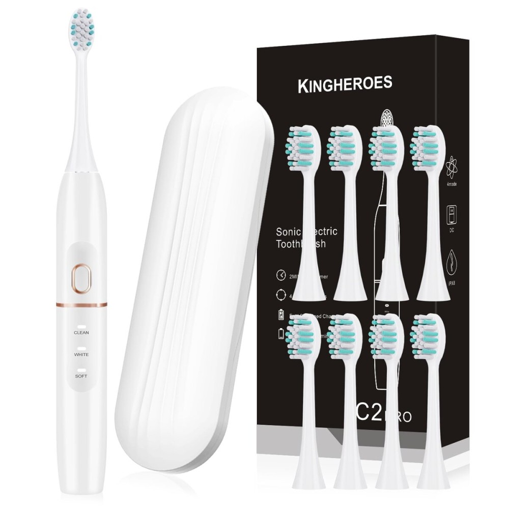 kingheroes Electric Toothbrush Set, Comes with 8 Brush Heads & Travel Case,4 Modes with 2 Minutes Built in Smart Timer, One Charge for 60 Days, 42000 VPM Motor (White)