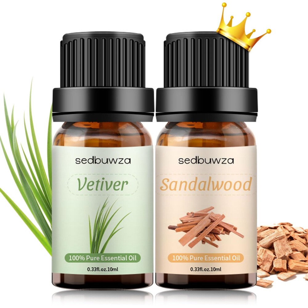 Sedbuwza Sandalwood Vetiver Essential Oil Set, Sandalwood Fragrance Oil Vetiver Scent Oil Set for Diffuser, Aromatherapy, Massage, Soap, Candle Making 2 x 10 ml