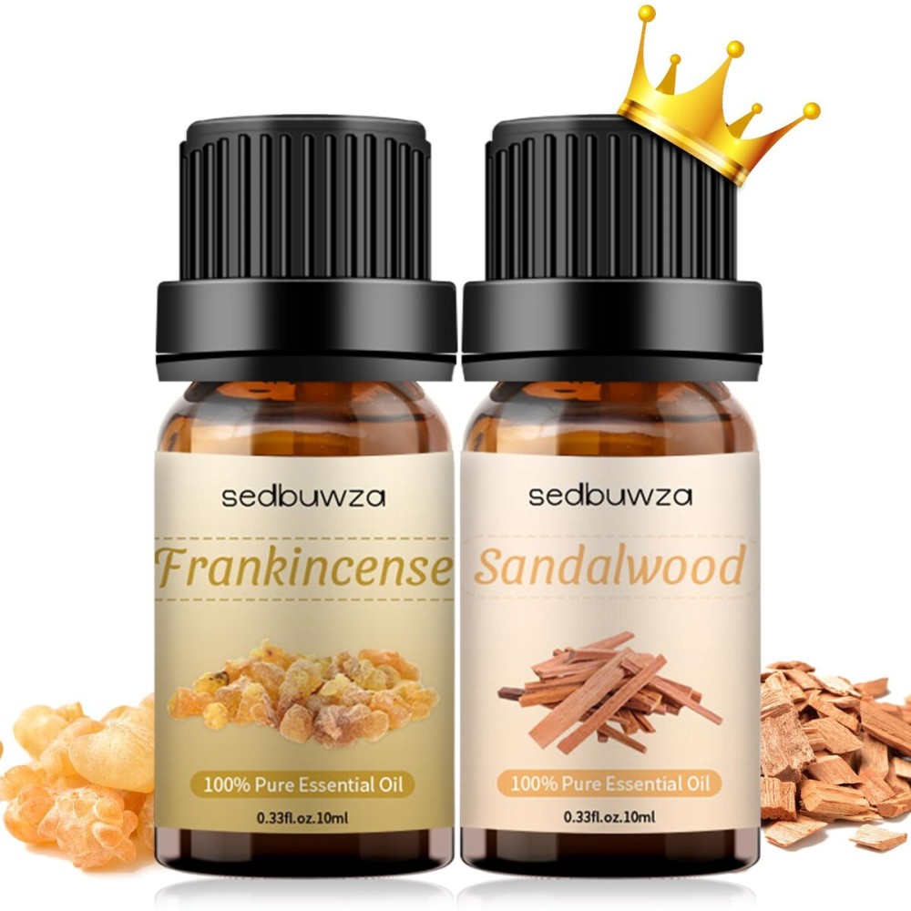 Sedbuwza Sandalwood Frankincense Essential Oil Set, Sandalwood Fragrance Oil Frankincense Scent Oil Set for Diffuser, Aromatherapy, Massage, Soap, Candle Making 2 x 10 ml