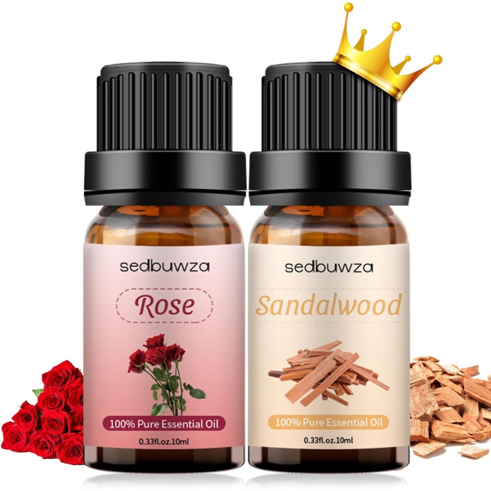 Sedbuwza Rose Sandalwood Essential Oil Set, Rose Fragrance Oil Sandalwood Scent Oil Set for Diffuser, Aromatherapy, Massage, Soap, Candle Making 2 x 10 ml